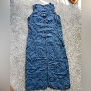 100% Linen Denim Blue Sleeveless Dress Liz Claiborne Front Buttons and Tie Back